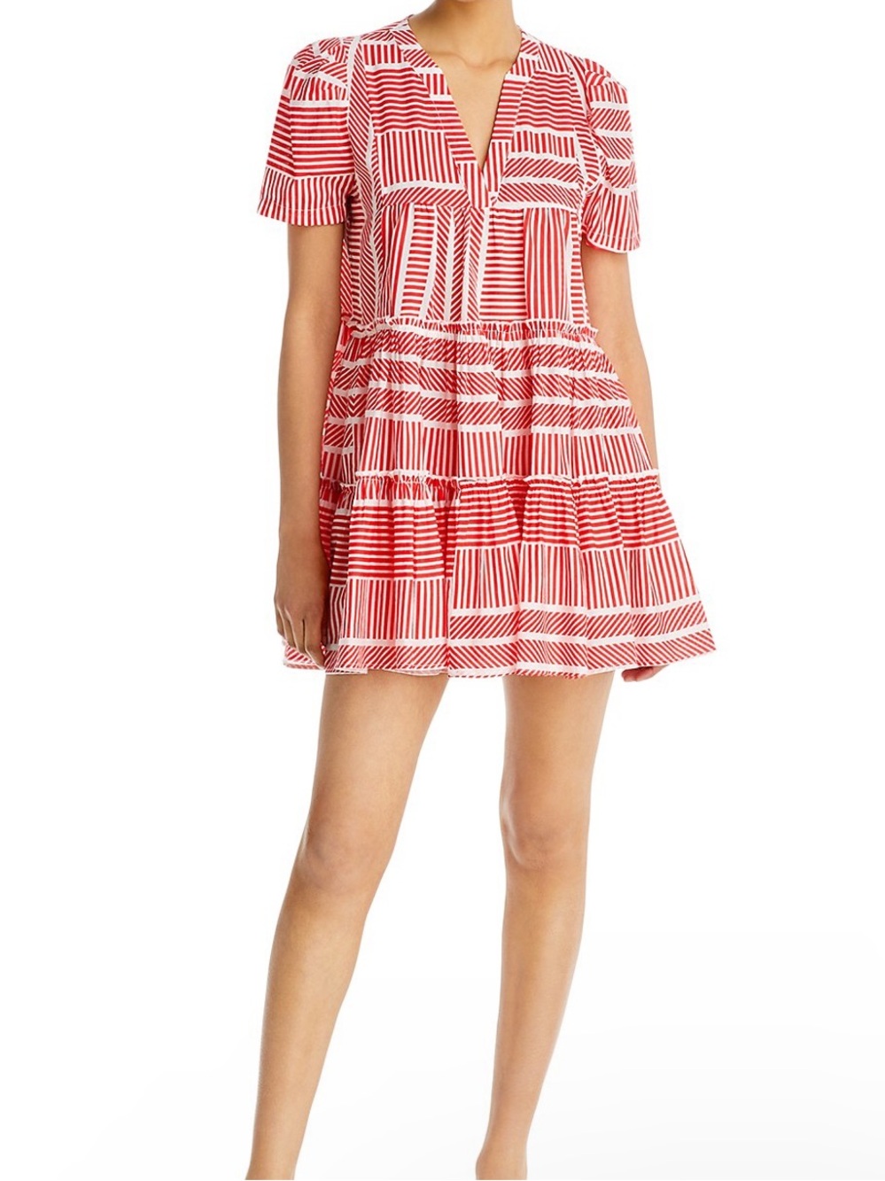 Aqua Puff Sleeve Red and White Striped Tiered V-Neck Mini Dress. Pre-Owned.